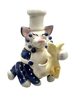 VTG Amy Lacombe Whimsiclay Y2K Chef Cat Figurine RARE Yellow Fish Wire Whiskers
